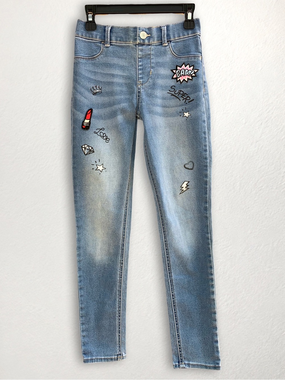 Wonder Nation Girls Jeggings Size L 10-12 Light Wash Graphic Patch Skinny Jeans